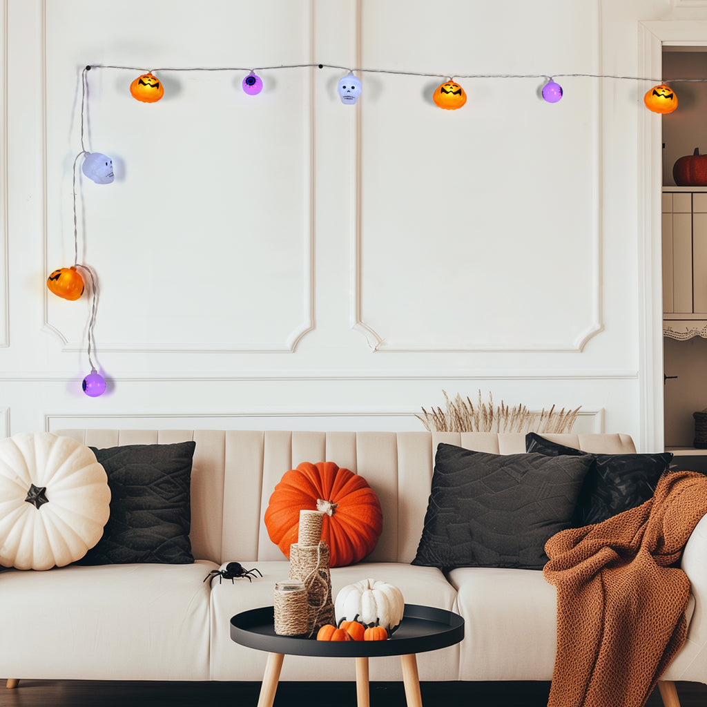 6.56ft 10 LED Halloween String Lights - Battery Operated Pumpkin, Skull & Eyeball Fairy Lights for Indoor/Outdoor Party Decor