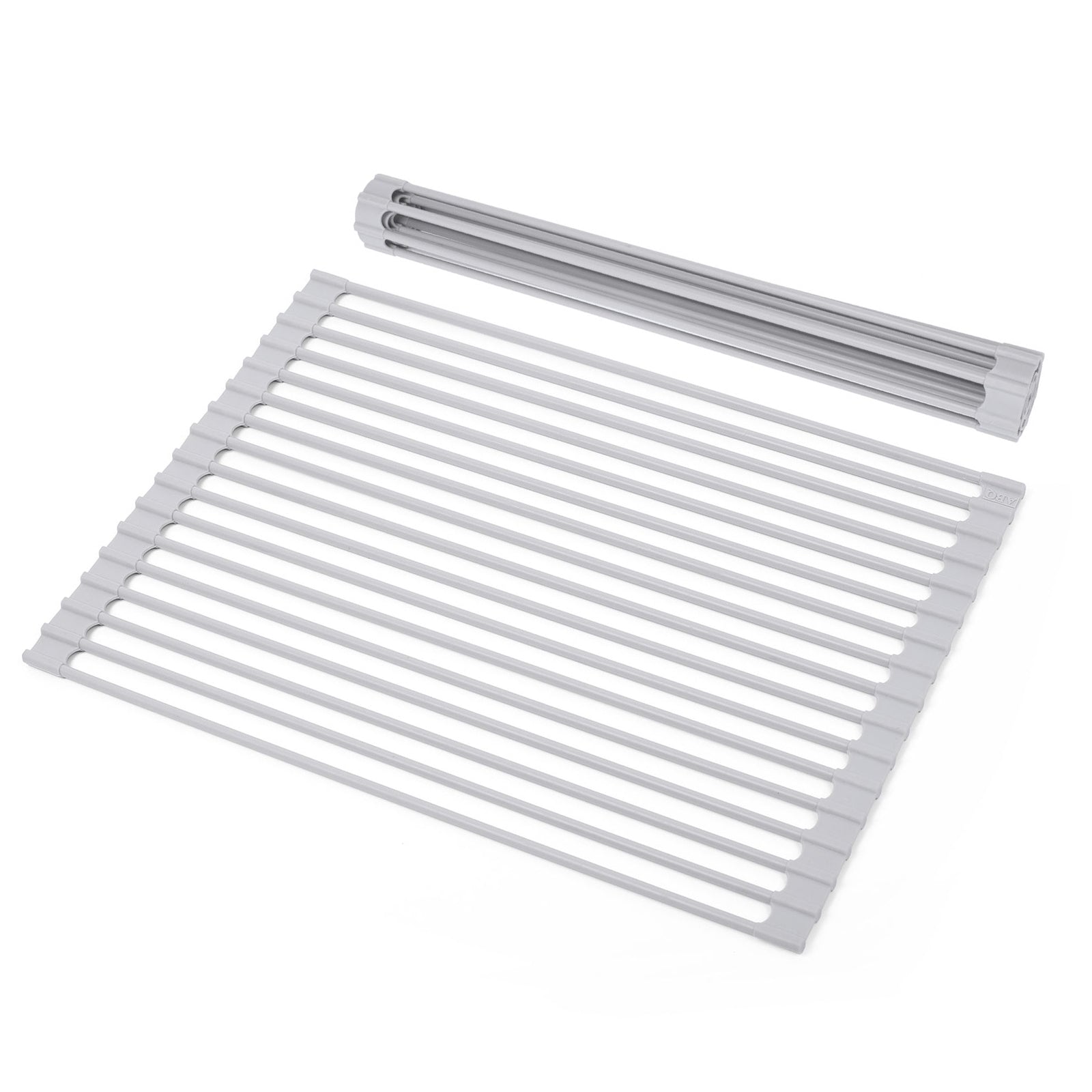 Roll Up Over Sink Dish Drying Rack (17.5''x13'') - Foldable Silicone Wrapped Stainless Steel Drainer, Grey