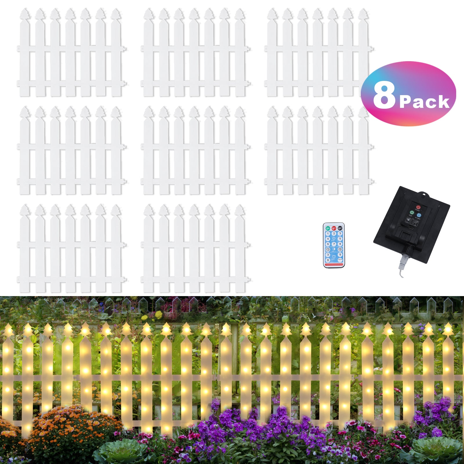 Outdoor Garden Fence With Solar Lights, Christmas Tree Fence, 10 Foot 336LED Picket Fence lights, Party Yard Patio Wedding Fence Decorations