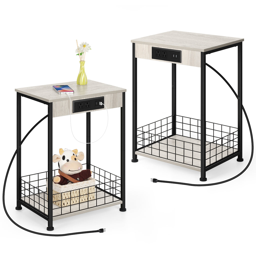 Modern Nightstands End Table with Charging Station Bedside Table Bedroom with Storage Basket Farmhouse Night Stand with for Bedroom Living Room Office