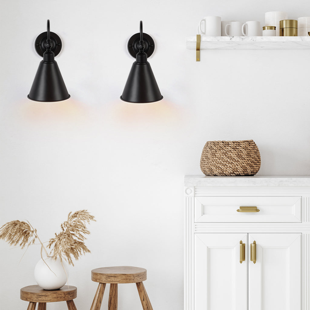 Set of 2 Industrial Wall Sconces, 180Â¡Ã£ Adjustable Matte Black Farmhouse Wall Lamps, Vintage Style Wall Light Fixtures with Arching Arm for Bedroom, Garage, Porch, Kitchen