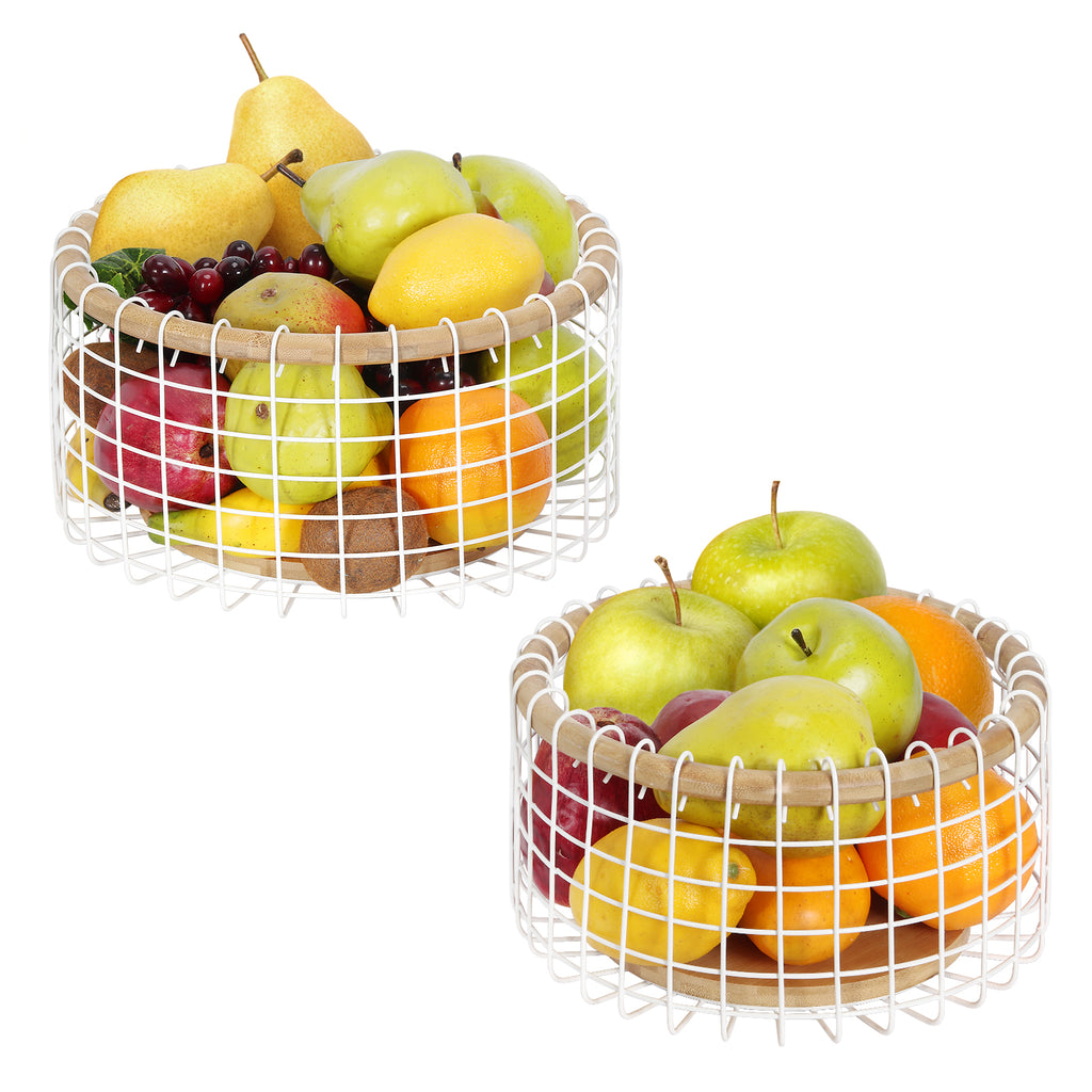 2 Pack Round White Fruit Baskets. They can be placed on dining tables in the living room or kitchen to hold fruits, snacks and other items. Practical and user-friendly, these baskets add a warm daily vibe to your tabletop.