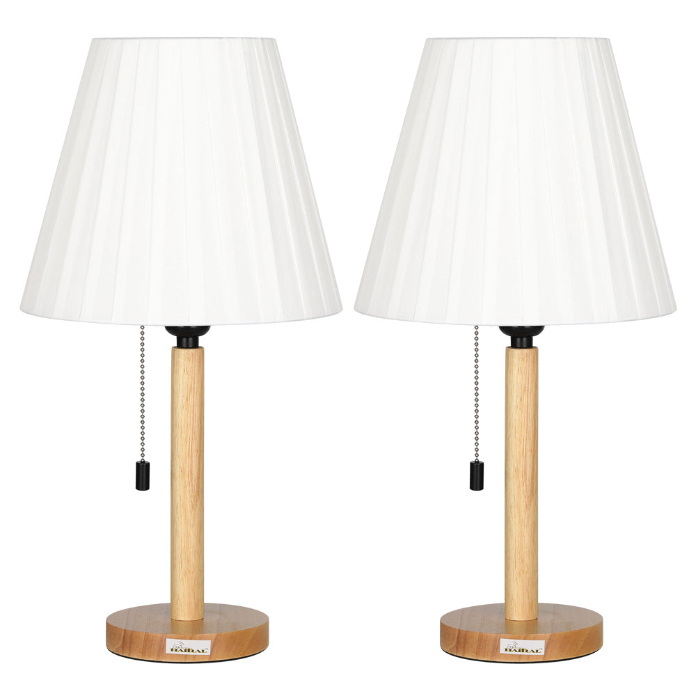 Twin Set of Contemporary White Bedside Lamps with Timber Bases - Minimalist Desk Lighting for Bedrooms, Dorms, and Offices
