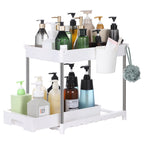 Under Sink Organizers and Storage, 2-Tier Bathroom Kitchen Organization and Storage, Bathroom Cabinet Organiz With Sliding Drawers, Under Sink Storage Shelves with Hooks Hanging Cup Dividers