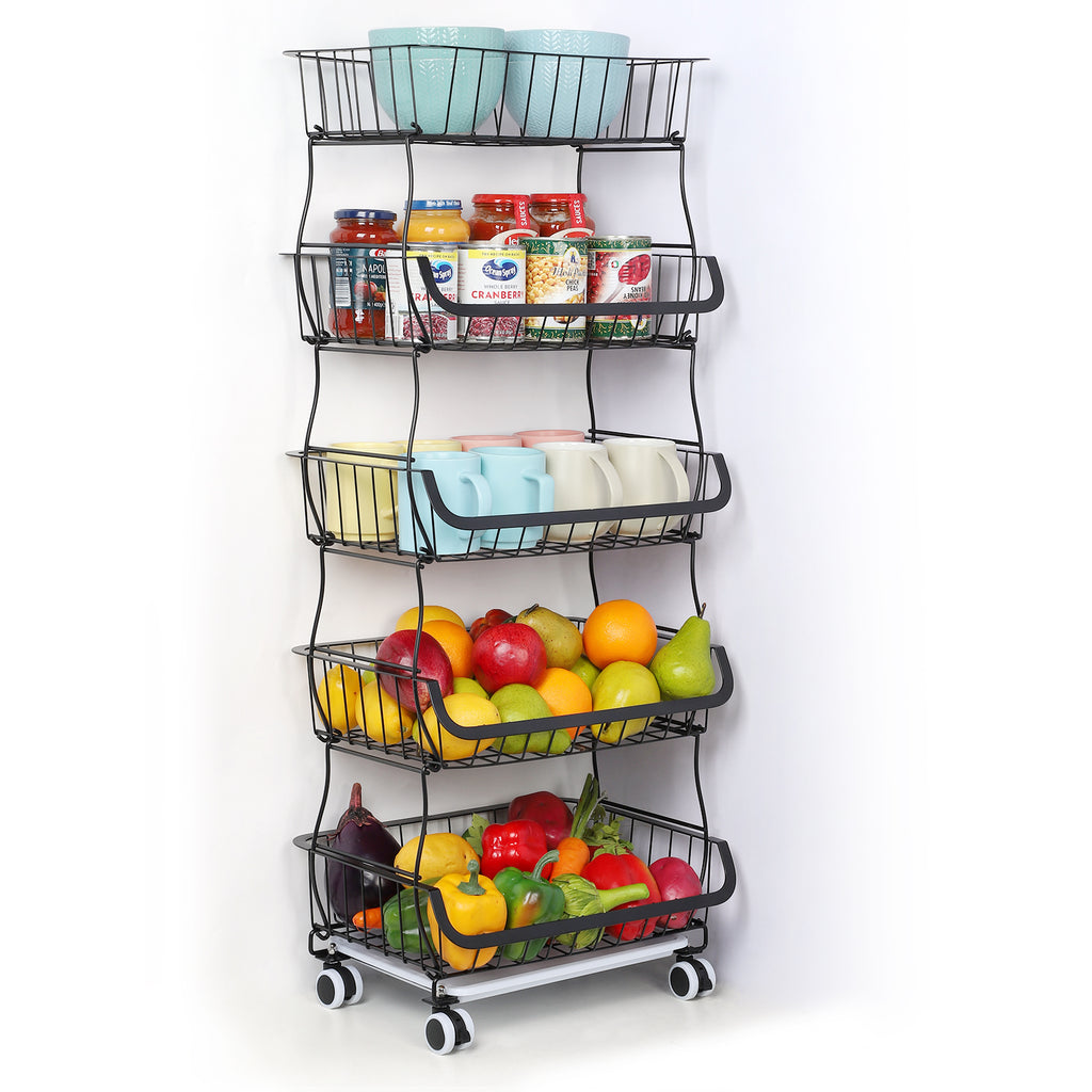 Stackable 5 Tier Rolling Kitchen Storage Cart, Freestanding Wire Produce Fruit Basket Rack with Mobile Casters, Multi-Purpose Vegetable Food Organizer for Kitchen, Dining Room, Pantry