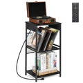 3-Tier Vinyl Storage Unit and Turntable Stand with Integrated Power Strip, 3 USB Ports, and 2 AC Outlets for Bedroom or Lounge, Black Wood Grain Finish