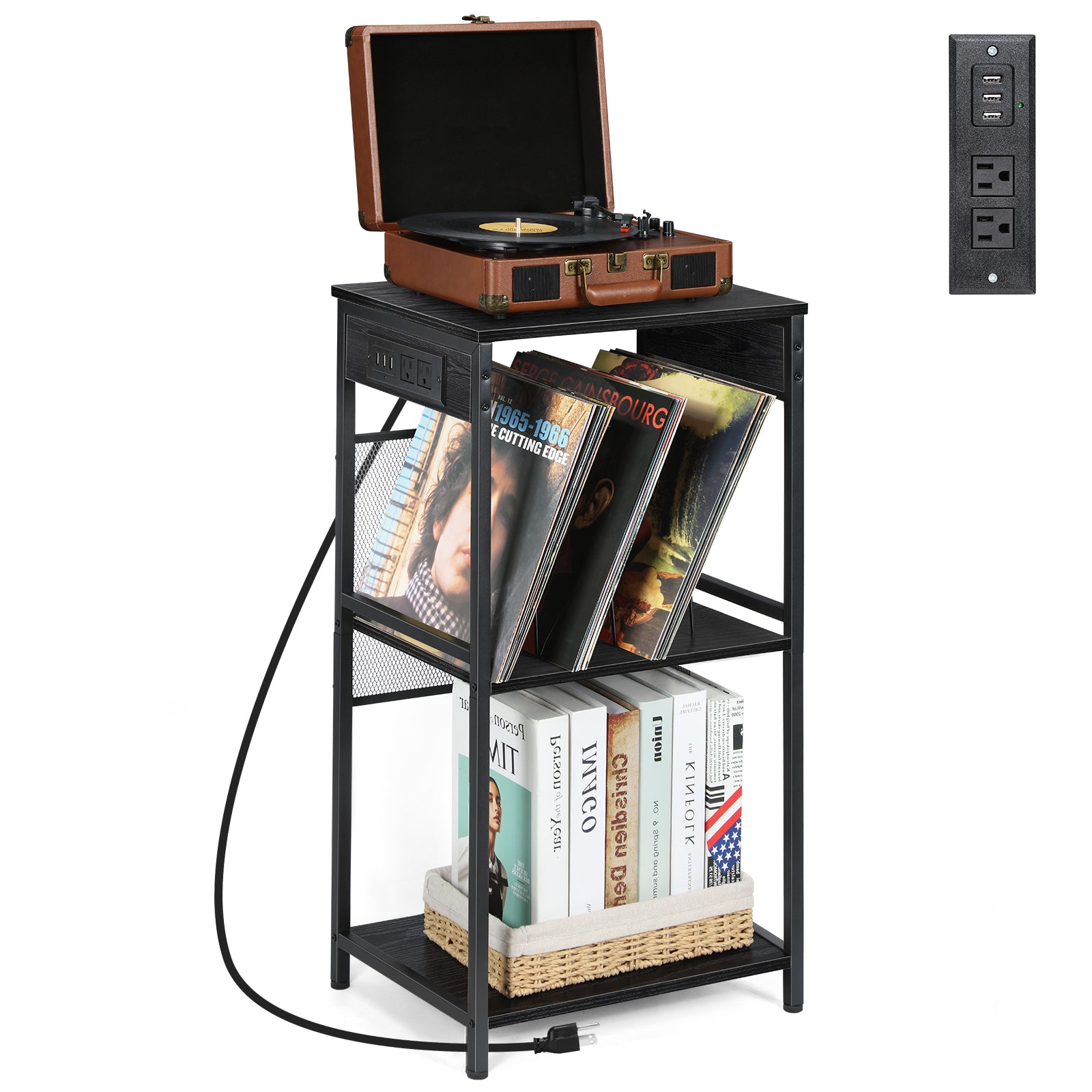 3-Tier Vinyl Storage Unit and Turntable Stand with Integrated Power Strip, 3 USB Ports, and 2 AC Outlets for Bedroom or Lounge, Black Wood Grain Finish
