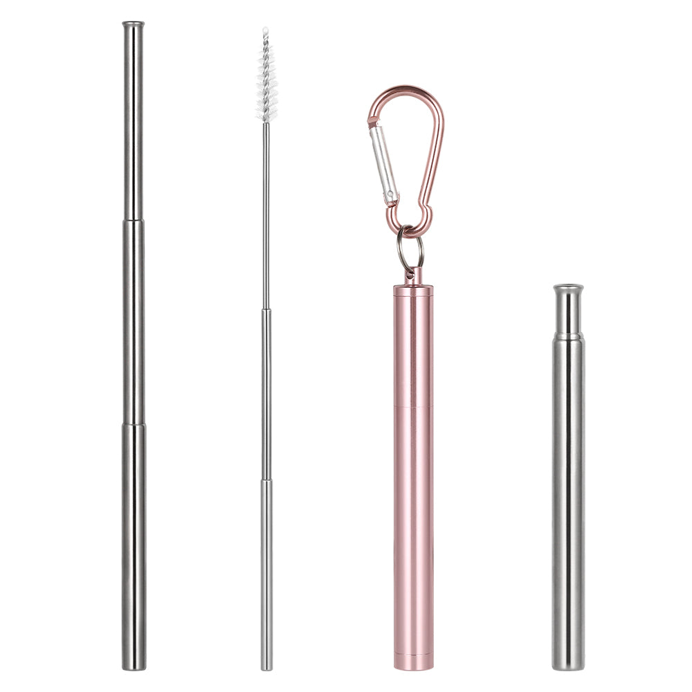 Portable Collapsible Metal Drinking Straw with Portable Keychain Case and Integrated Cleaning Tool for Universal Cup Compatibility