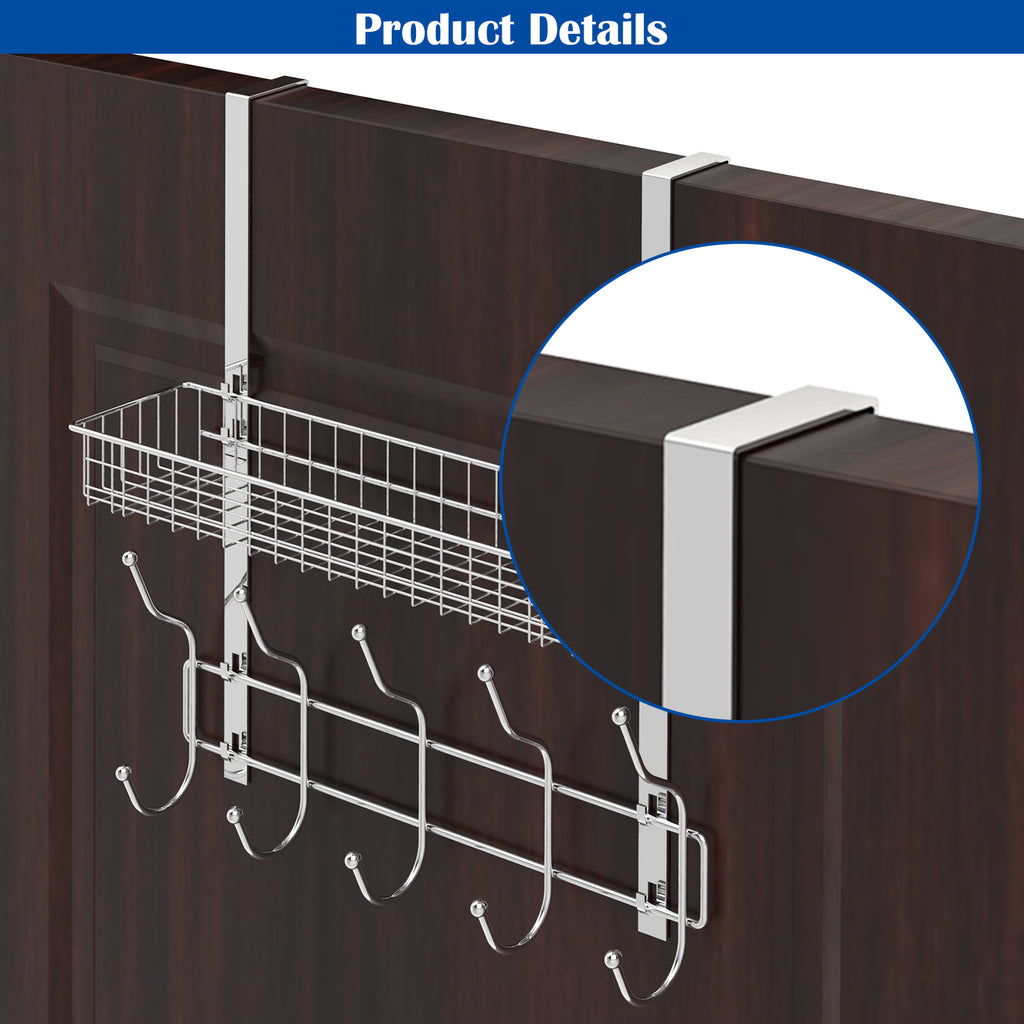 Over-the-Door Organizer Rack with 5 Hooks & Mesh Basket - Multi-Purpose Storage Shelf for Pantry & Bath