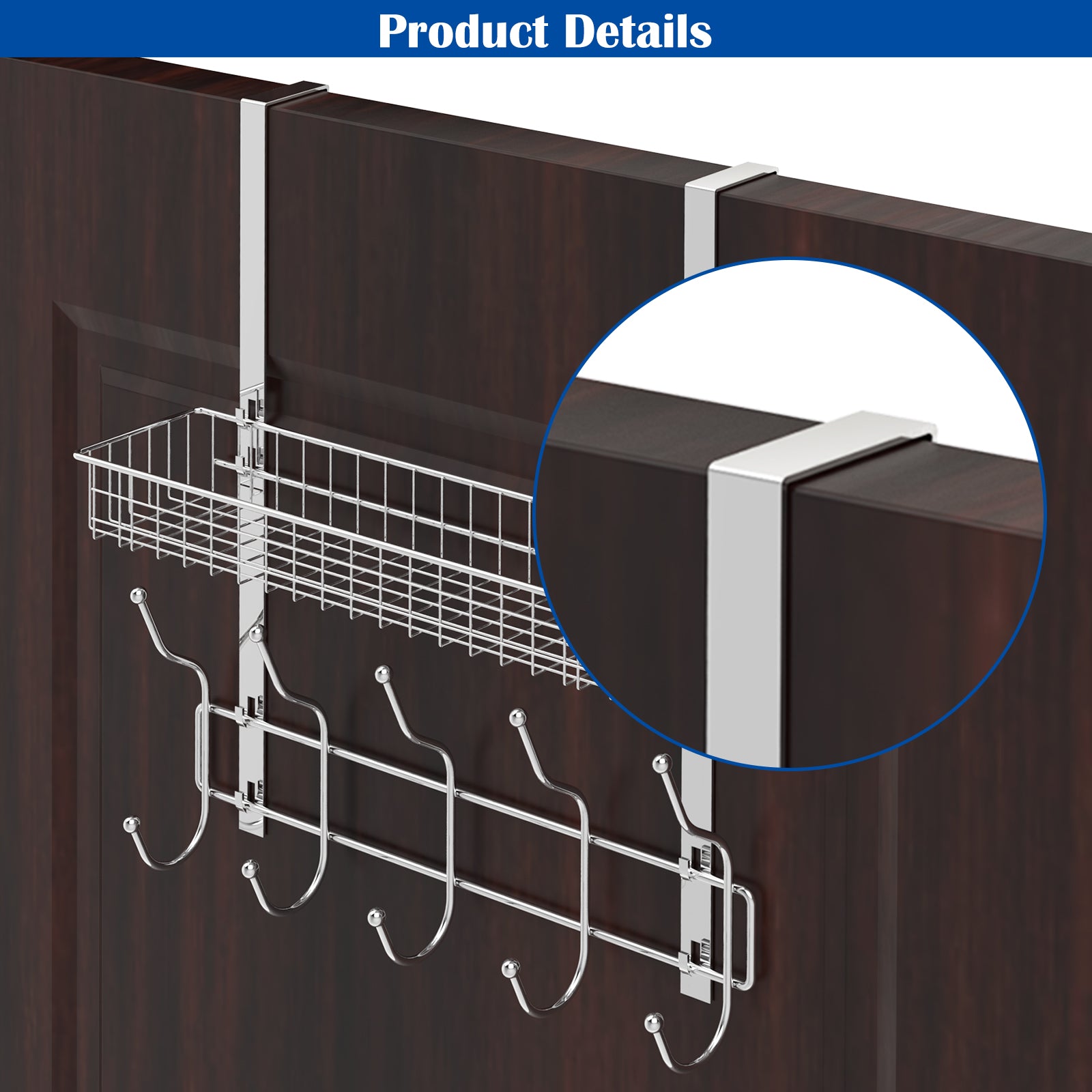 Over-the-Door Organizer Rack with 5 Hooks & Mesh Basket - Multi-Purpose Storage Shelf for Pantry & Bath