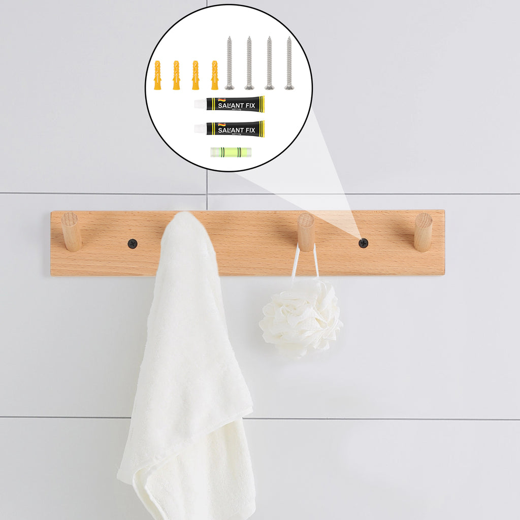 Rustic Solid Beech Wood Peg Coat Hooks 2 Pack, Wall Mount 4-Peg Hanging Rack with Adhesive Glue & Hardware Screws, Minimalist Farmhouse Wall Hanger for Coats, Backpacks, Umbrellas, Towels, Entryway Decor