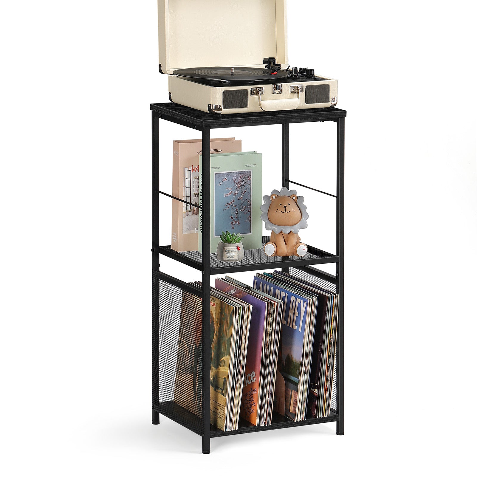 Industrial 3-Tier Record Player Table with LP Storage Shelf, Matte Black Turntable Display Unit for Living Room and Bedroom