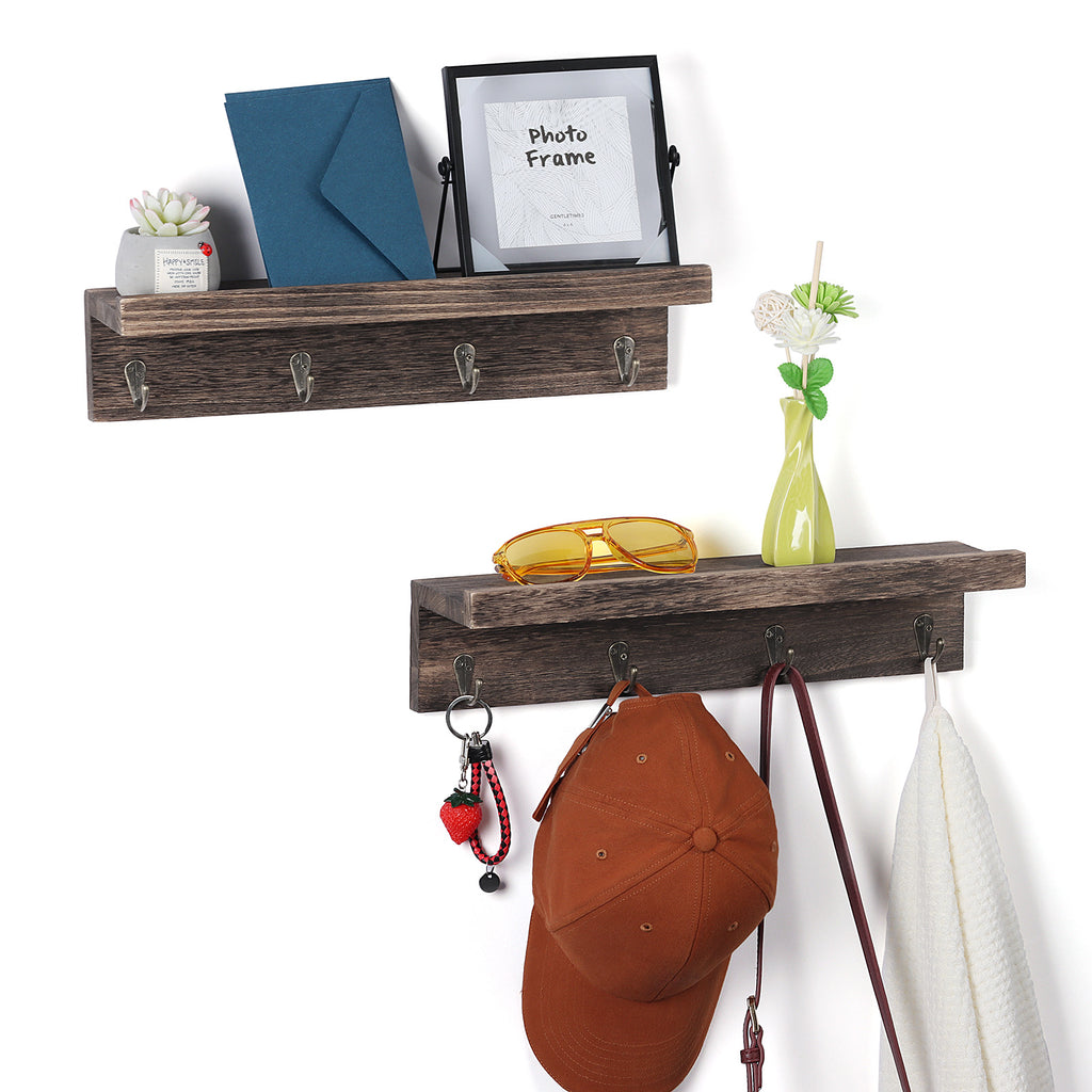 Set of 2 Wall-Mounted Entryway Organizers with 8 Hanging Hooks and Wooden Storage Ledge for Accessories, Dark Gray