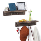 Set of 2 Wall-Mounted Entryway Organizers with 8 Hanging Hooks and Wooden Storage Ledge for Accessories, Dark Gray
