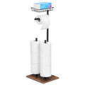 Free Standing Toilet Paper Holder Stand with Top Wire Storage Basket, Dual Spare Roll Holders Rustic Wood Base Black Metal Tissue Roll Rack, Multifunctional Floor Toilet Paper Organizer for Bathroom