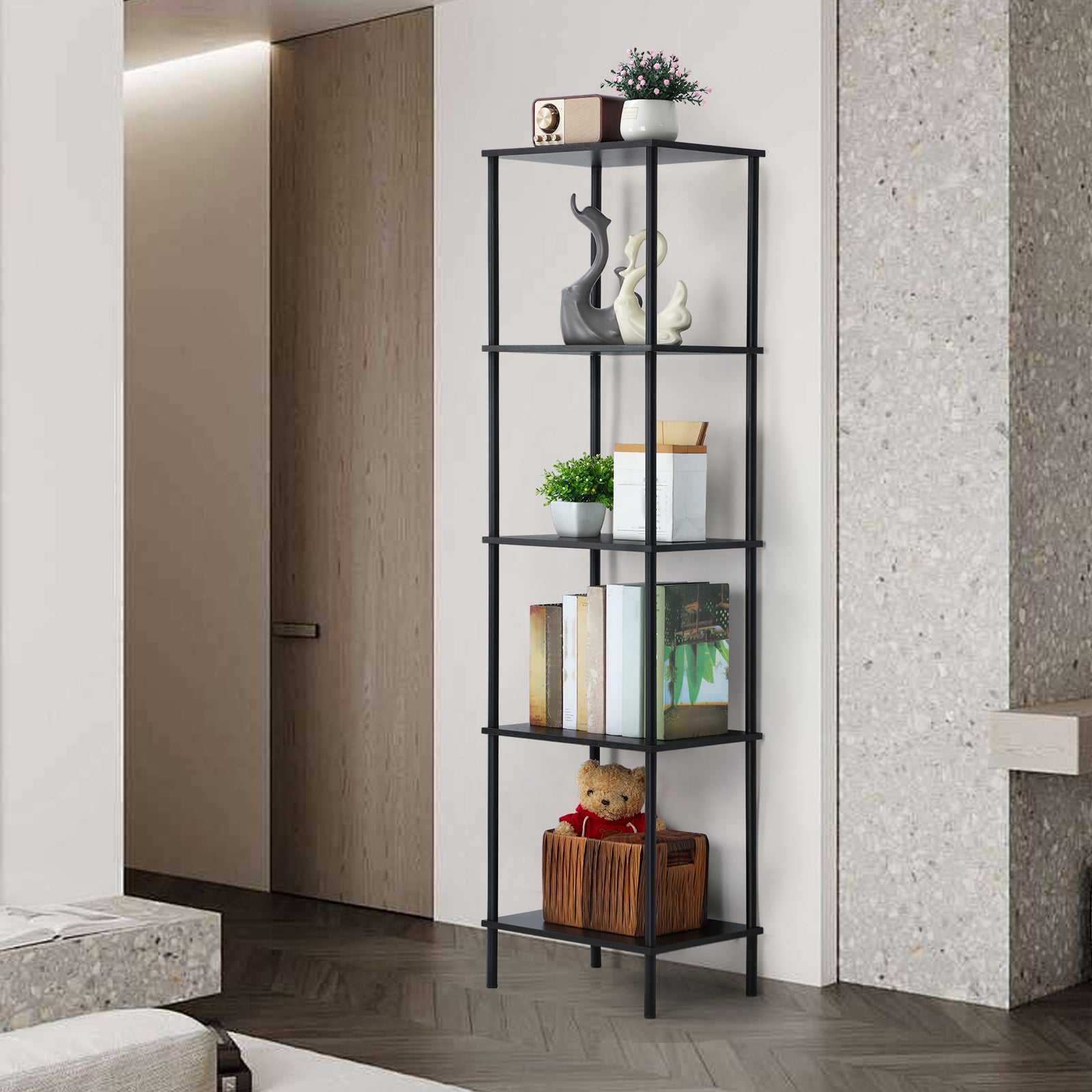 Tall 2 3 4 5-Tier Corner Bookshelf - Narrow Vertical Display Shelf & Plant Stand for Living Room, Black or brown