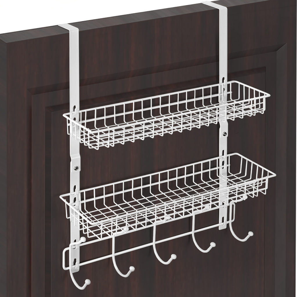 Over The Door Hanger with 2 Mesh Baskets & 5 Hooks - White Detachable Storage Rack