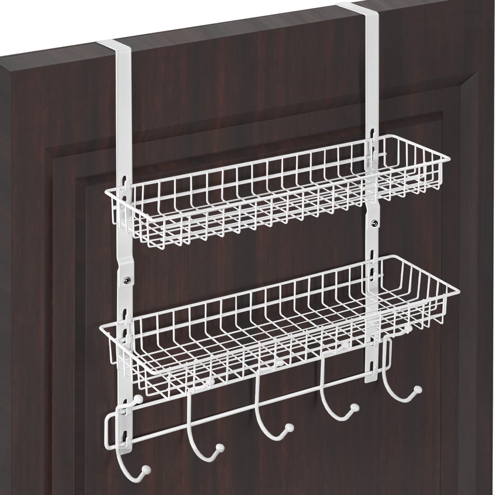 Over The Door Hanger with 2 Mesh Baskets & 5 Hooks - White Detachable Storage Rack