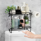 2 Pack Toilet storage cabinet, Bathroom Organizers, 2-Tier Over Toilet Storage, Floating Shelves with 2 Hooks & Paper Holder, Wall Mounted Shelf Furniture, Cool Accessories & Decor, Gifts for Women, Mothers Day (Black)