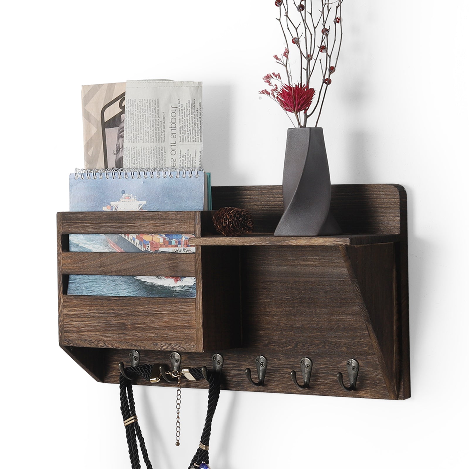 Rustic Wall-Mounted Mail Organizer - Wooden Key Holder with Storage Shelf - Entryway Letter Sorter & 5 Hooks for Farmhouse Home Decor