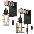 Dual-Pack Industrial Wall Mounted Lights - Plug-in Solid Wood and Metal Cage Sconces for Bedroom, Living Room, or Garage