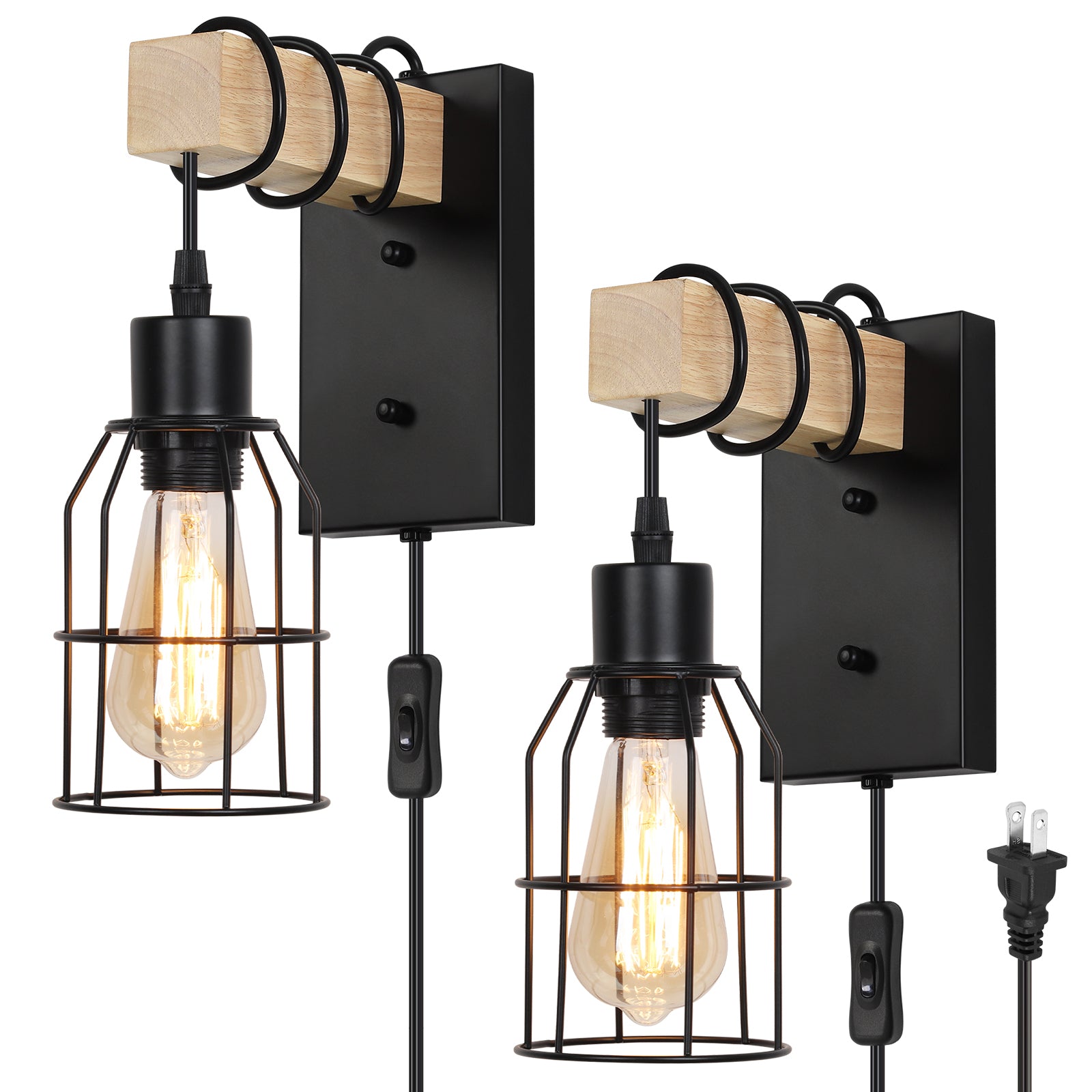 Dual-Pack Industrial Wall Mounted Lights - Plug-in Solid Wood and Metal Cage Sconces for Bedroom, Living Room, or Garage