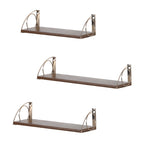 Set of 3 Wood Wall Shelves with Elegant Gold Accents, Versatile Hanging Storage for Kitchen, Bath, or Bedroom, Brown and Gold Finish