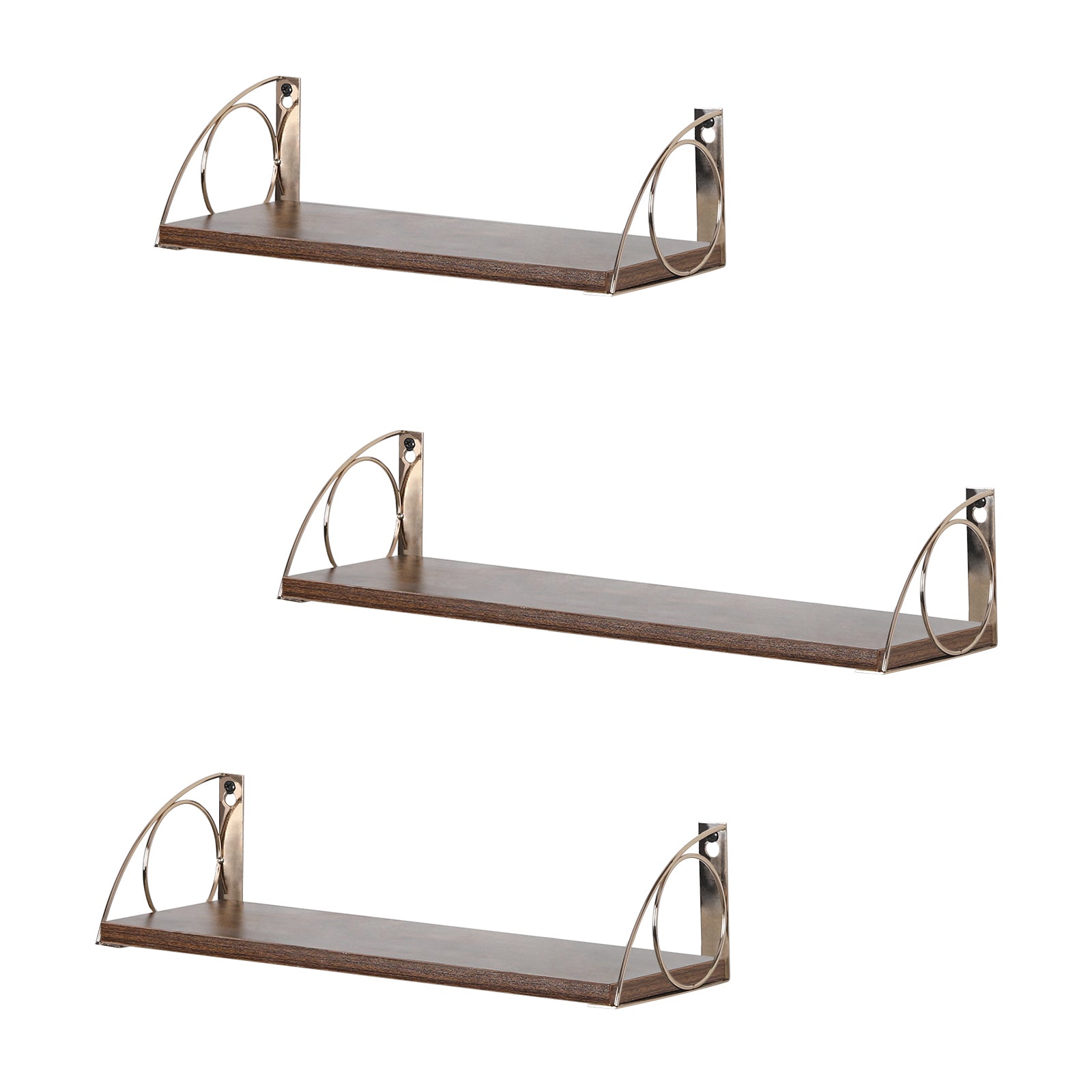 Set of 3 Wood Wall Shelves with Elegant Gold Accents, Versatile Hanging Storage for Kitchen, Bath, or Bedroom, Brown and Gold Finish