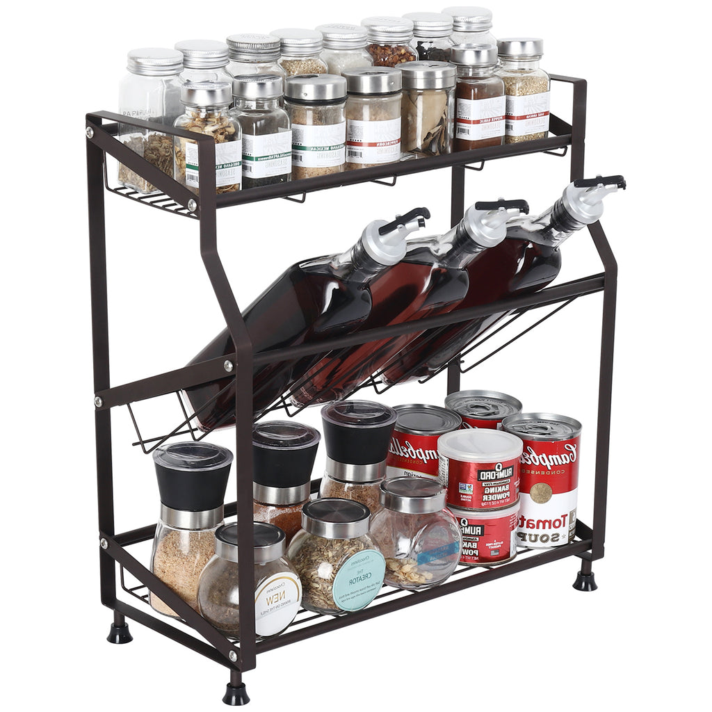 3-Tier Black Metal Spice Rack - Countertop Kitchen Organizer, Standing Jars & Bottle Storage Holder