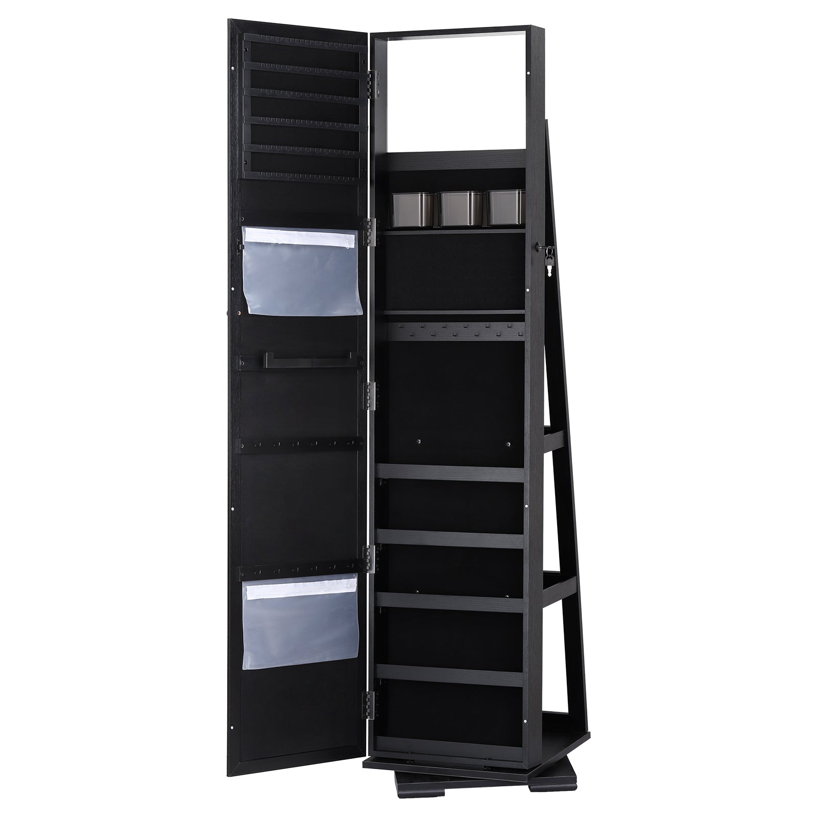 360Â° Swivel Jewelry Cabinet Armoire with Full-Length Mirror - Lockable Jewelry Organizer with Rear Storage Shelves & Large Capacity Makeup Storage, Black