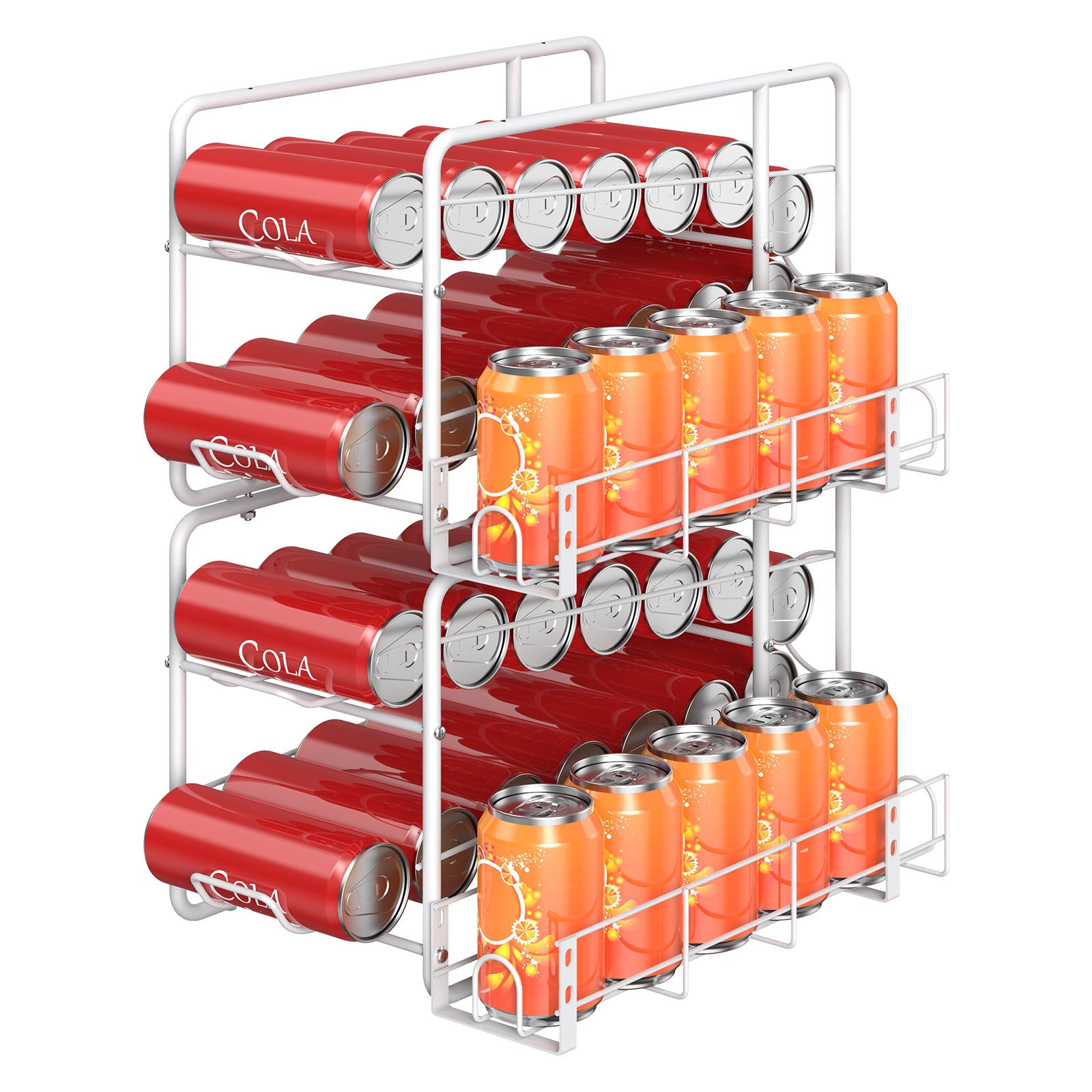 Auto Rolling Stackable Metal Can Dispenser Rack, White 2-Tier Soda Can Storage Organizer, Anti-Roll Design Fits 12oz/16oz Soda, Beer, Sparkling Water for Fridge, Counter, Pantry