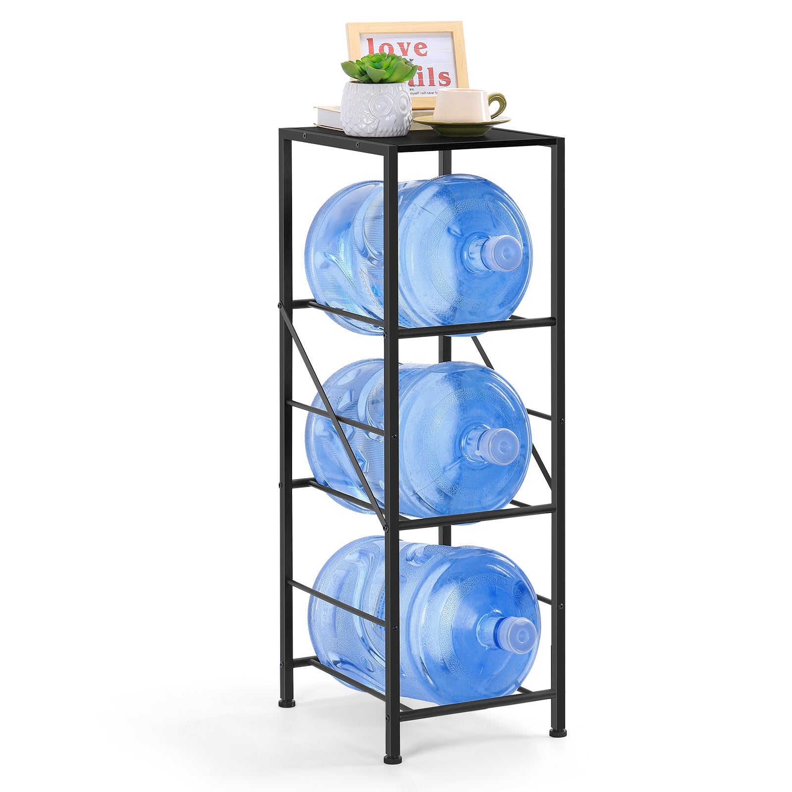 3-Tier Heavy Duty 5-Gallon Water Jug Storage Rack with Top Shelf and Rolling Casters, Black Organizer for Home and Office