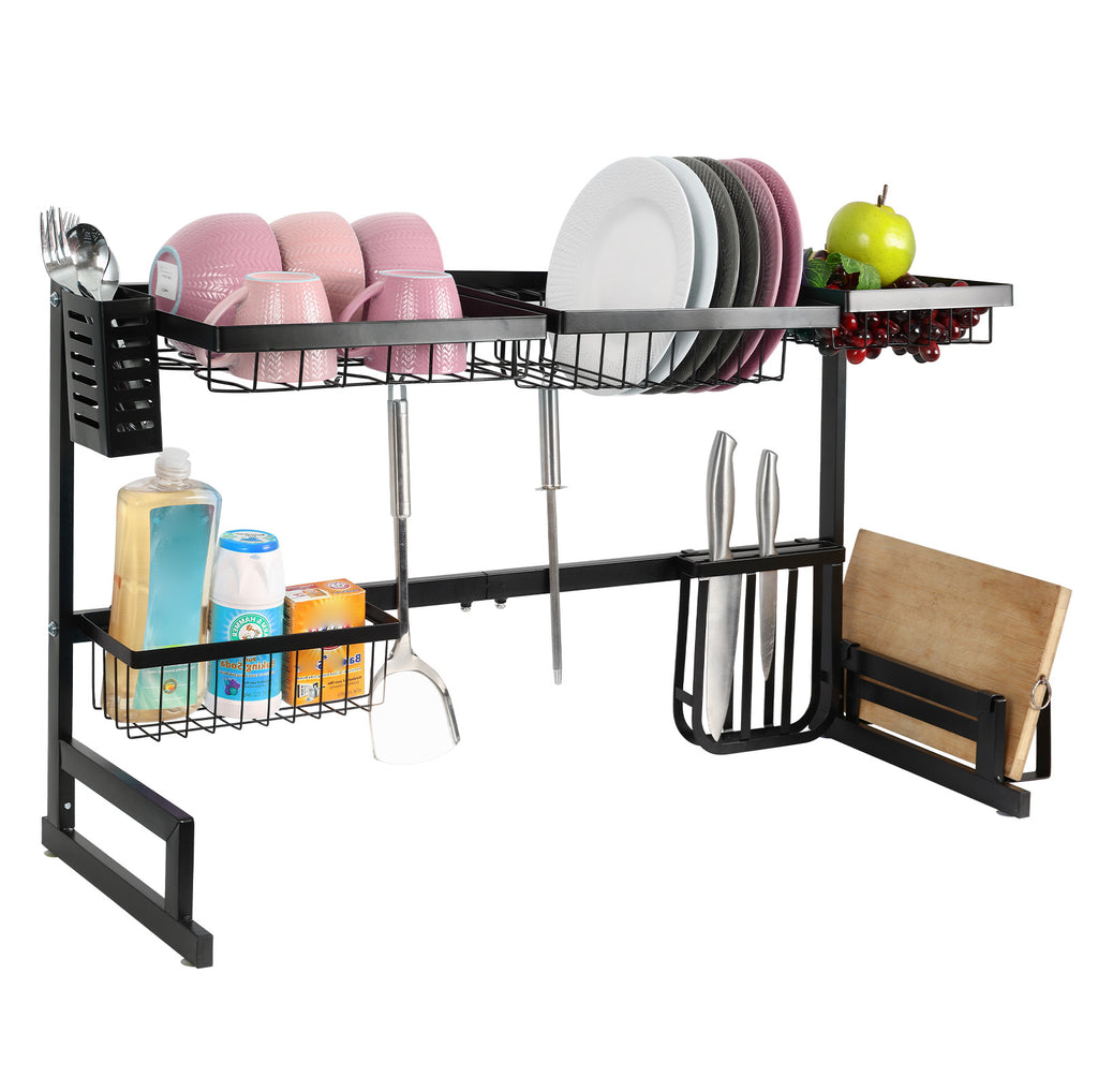 Two-Level Stainless Steel Above-Sink Dish Drainer with Adjustable Kitchen Storage Shelf and Integrated Cutlery Organizer, Black Finish