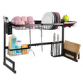 Two-Level Stainless Steel Above-Sink Dish Drainer with Adjustable Kitchen Storage Shelf and Integrated Cutlery Organizer, Black Finish