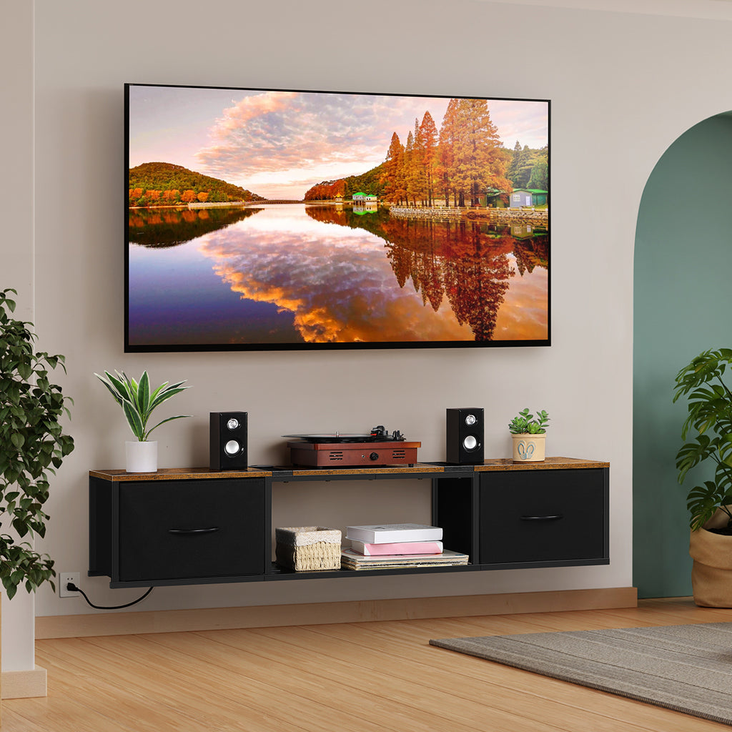 Farmhouse Floating TV Stand & Media Console with Power Outlets - Rustic Brown Wall Mount w/ Drawers