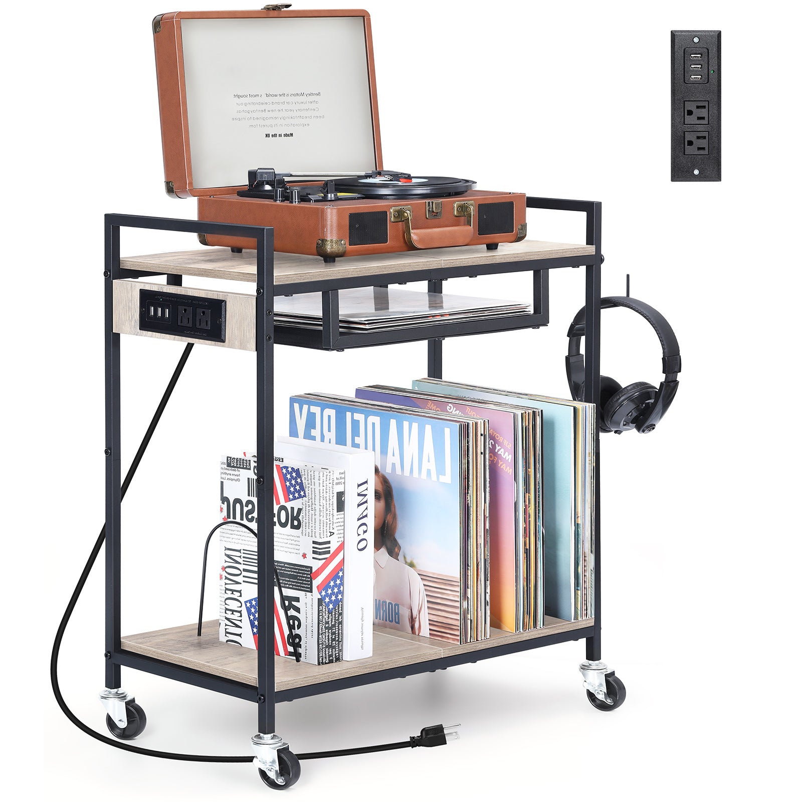 Record Player Stand, Turntable Stand with Charging Station, 3 Tier Record Player Table with 4 Quick-Release Divider, Vinyl Record Stand Storage with 4 Wheels, for Bedroom Living Room and Office, Gray
