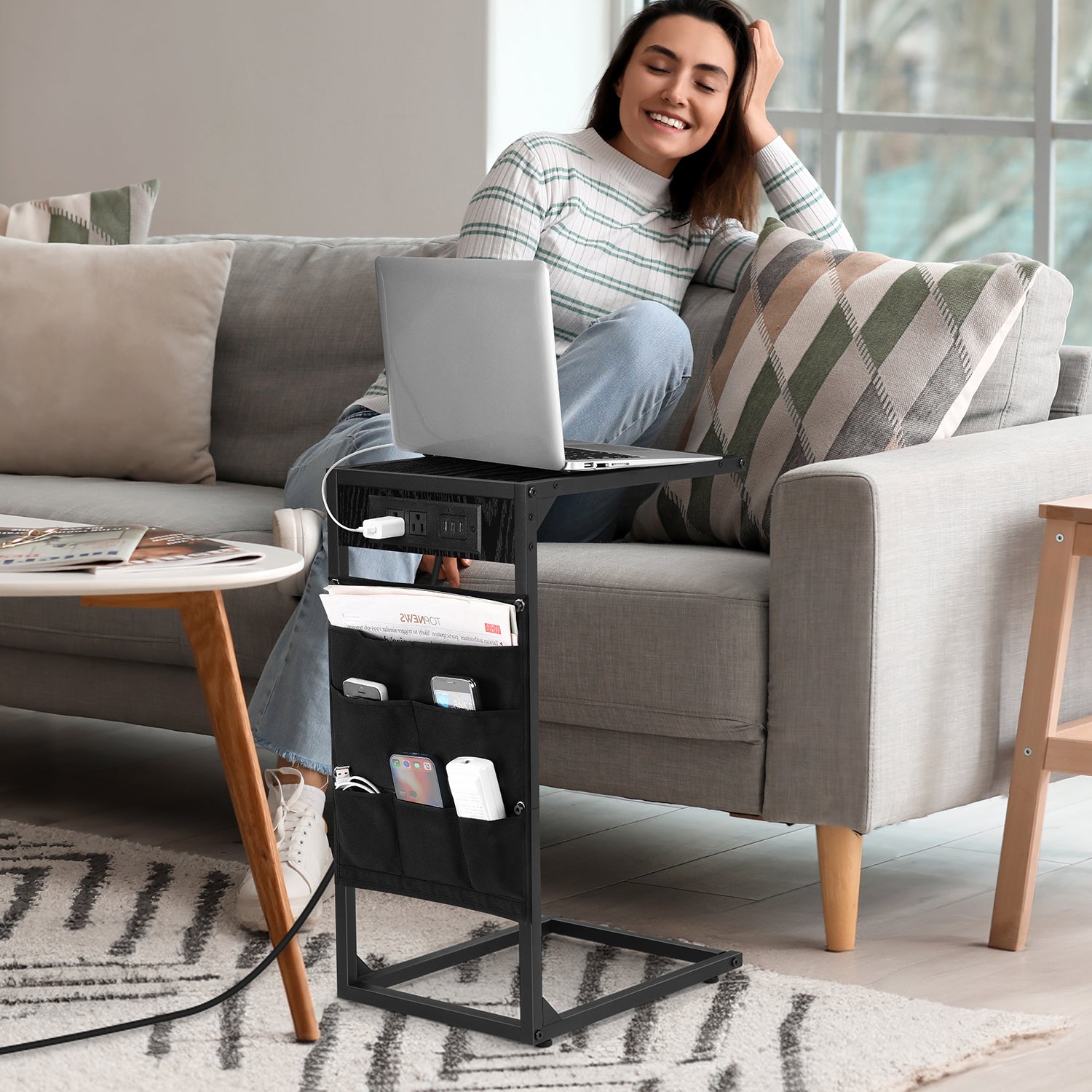 Set of 2 C-Shaped Side Tables with Charging Station & Storage Bag, Slide-Under Couch Snack Tables for Living Room & Bedroom,