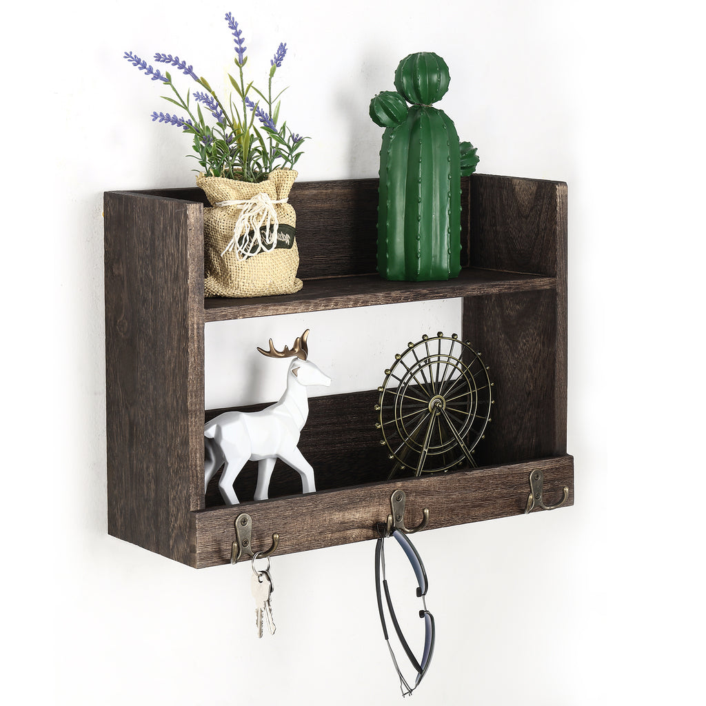 2 - Tier Wall - Mounted Pallet Shelves with 3 Dual Hooks - Key Holder, Mail Organizer & Coat Rack Rustic Grey - Green Finish, Ideal for Farmhouse Bedroom, Office or Entryway