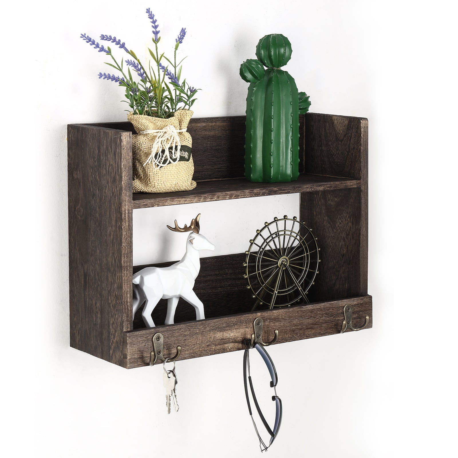 2 - Tier Wall - Mounted Pallet Shelves with 3 Dual Hooks - Key Holder, Mail Organizer & Coat Rack Rustic Grey - Green Finish, Ideal for Farmhouse Bedroom, Office or Entryway