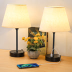 Set of 2 Bedside Table Lamps with USB Charging Ports, Modern Nightstand Desk Lamps with Linen Shade & Black Metal Base for Bedroom, Living Room, Office, Study Room