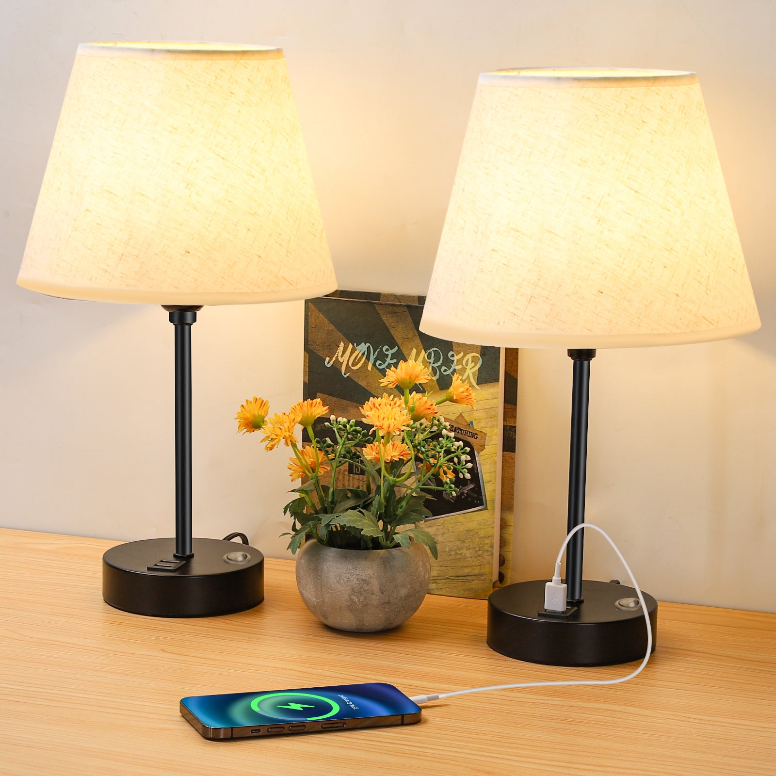 Set of 2 Bedside Table Lamps with USB Charging Ports, Modern Nightstand Desk Lamps with Linen Shade & Black Metal Base for Bedroom, Living Room, Office, Study Room