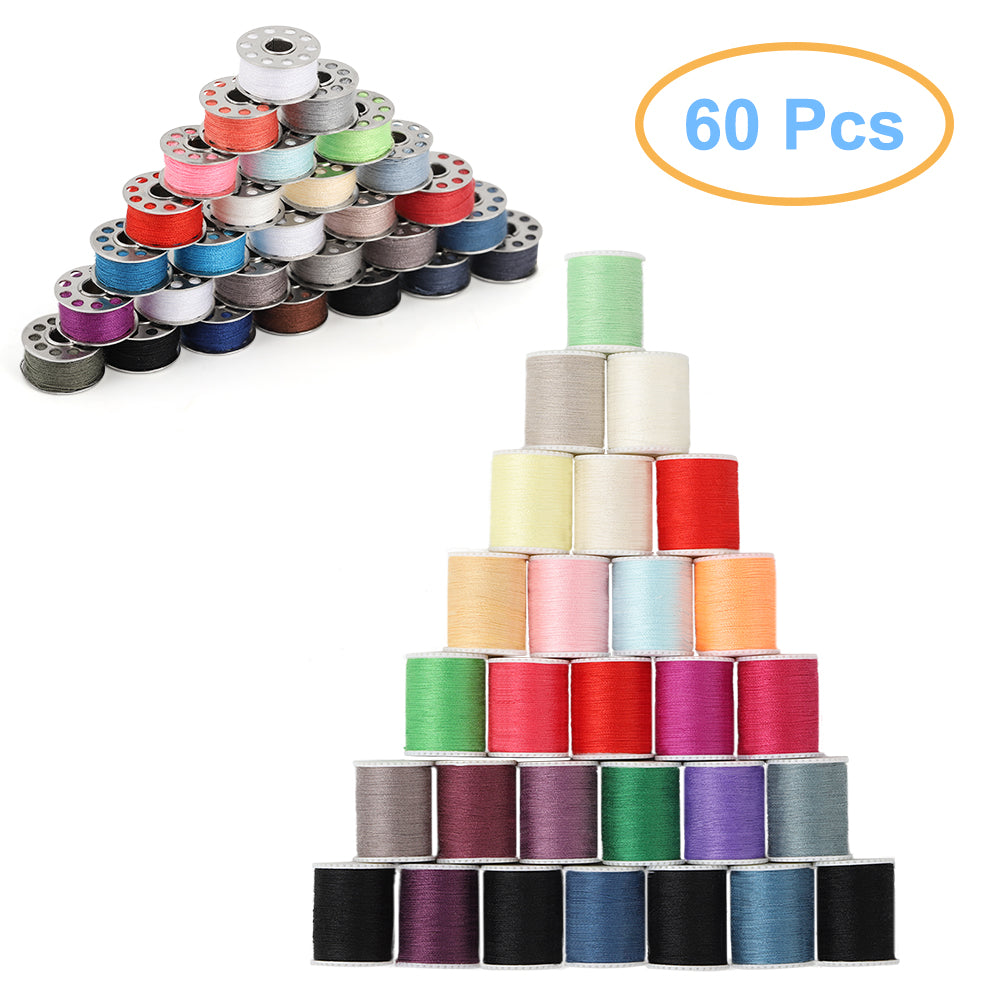 60 Pcs Sewing Thread & Bobbins Kit - Polyester Spools & Prewound Metal Bobbins for Machine/Hand Sewing