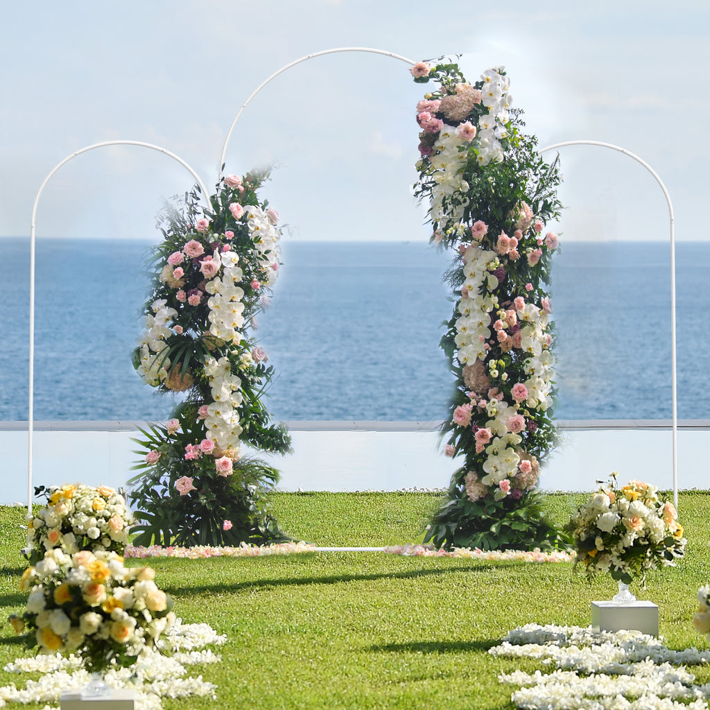 Set of 3 Gold Metal Arch Backdrop Stand, 7.3FT Large Central Arch & 2PCS 6FT Side Arched Frame, Heavy Duty Round Pipe Wedding Balloon Flower Arch Stand for Wedding Baby Shower Gender Reveal Birthday Party Ceremony Decor