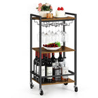 Triple Bar Cart Home Service Cart, Rolling Bar Cart with Glass Shelves, Brown Dining Cart with Storage Shelves for Kitchen Restaurant Party.
