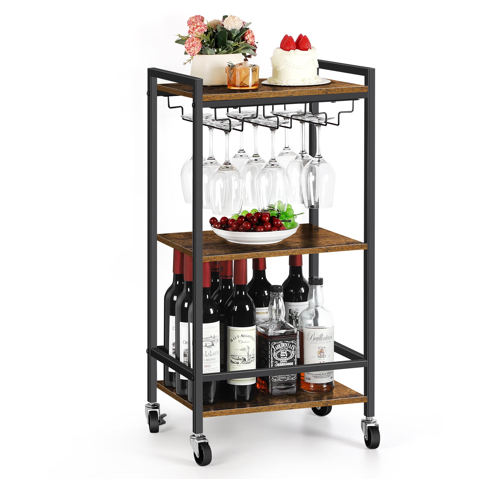 Triple Bar Cart Home Service Cart, Rolling Bar Cart with Glass Shelves, Brown Dining Cart with Storage Shelves for Kitchen Restaurant Party.