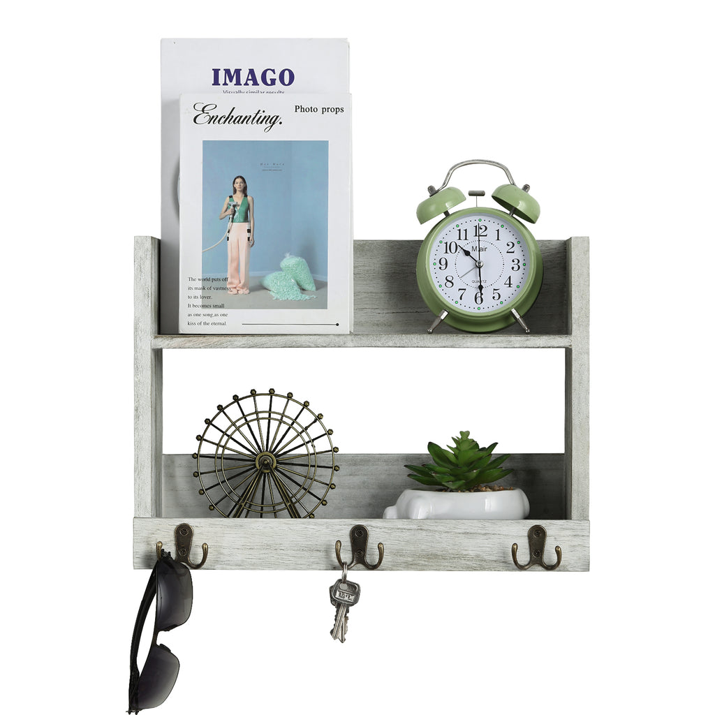 2 - Tier Wall - Mounted Pallet Shelves with 3 Dual Hooks - Key Holder, Mail Organizer & Coat Rack Rustic Grey - Green Finish, Ideal for Farmhouse Bedroom, Office or Entryway
