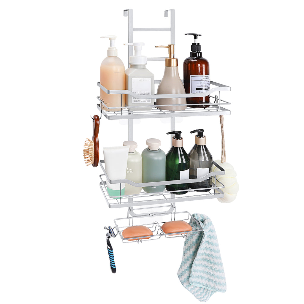 Behind the door, hanging, stainless steel, bathroom metal shelves hanging from the shower screen, shower basket shelves without drilling, bathroom storage shelves with hooks
