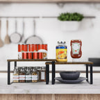 Two tiered storage desk. Seasoning display stand. Essential oil display stand. Stackable storage rack. Install 4 storage cabinets. Expandable counter rack. Suitable for kitchens and bathrooms.