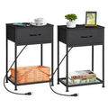 2-Pack Nightstands with Charging Station -Small Bedside Tables with Fabric Drawer for Bedroom