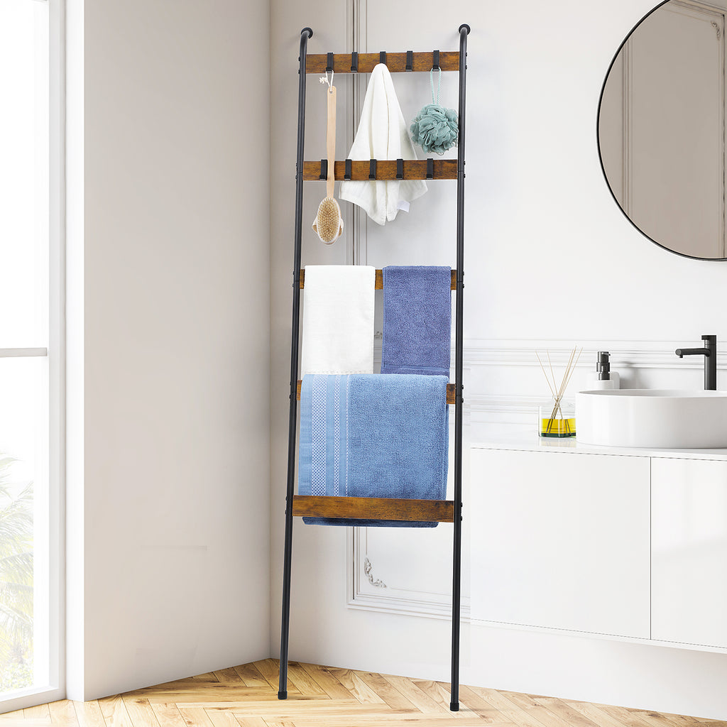 5-Tier Rustic Blanket Ladder - Wall-Leaning Towel Rack & Decorative Display Shelf w/ 10 Hooks, Brown